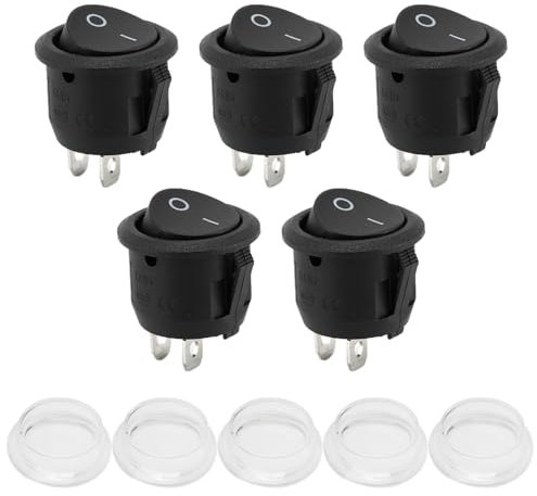 Powice 5X Kippschalter 12V/6A Mit Wasserdichter Abdeckung,Runder Selbstsichernder 2 Poliger Schalter 12V,Schalter12V/230V Geeignet für den Einbau in Häusern, Autos und Elektrischen Geräten(Schwarz)