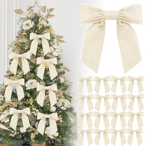 16P Christmas Off-White Velvet Ribbon Gift Bows,4.3 White Velvet Bows with Twist Ties,Christmas Tree Bow,Vintage Wedding Velvets BowXmas Wreaths Garland Velvets Ribbon for Pretied Gift Wrapping Bows