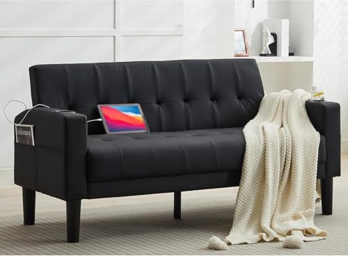 GRAVFORCE Sofa 2 Seater Comfy Upholstered Loveseat Sofa with Cup Holder Pocket Storage Small Sofas for Living Room Bedroom Office Black