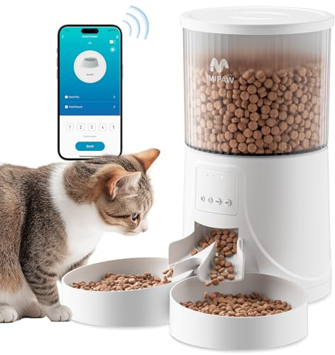 IMIPAW Automatic Cat Feeder with 2 Bowls, 4L WiFi Pet Food Dispenser, App Control, Programmable Timer, 1–10 Meals per Day for Cats and Small Dogs (White-WIFI)
