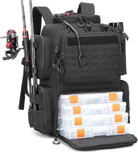 BlesMaller Sac à Dos de Pêche 50L avec Supports de Canne & Compartiment Réfrigéré Résistant à l'eau Sac de Rangement pour Accessoires de Pêche pour équipement de Pêche (Noir avec 4 Boîtes)