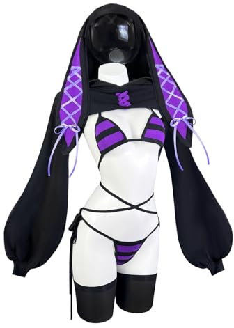 KORURACLUB Sexy Women Bunny Outfit (4-Piece Set) Anime Cosplay Bodysuit Bunny Girl Lingerie Maid (Black Stripes, XS-M)