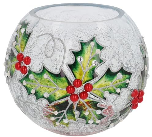Christmas Holly Glass Tealight Holder, Crackle Ball Design, Large Festive Candle Holder