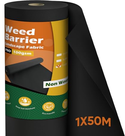 iropro Telo Pacciamatura 1m x 50m, 100g/m² Telo Anti Erbacce Orto, Giardino, Stabilizzazione ai Raggi UV, Barriere Contro Le Erbe Infestanti, Tessuto Non Tessuto Telo di Pacciamatura, Nero