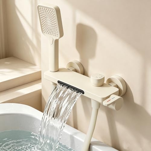 Bostar Grifo de Bañera con Cascada Orientable Ajustable 30°, Grifería de Baño Aluminio Espacial con 3 Modos ABS Ducha de Mano, 22CM Repisa Grand, Manguera de 1.5m (Blanco roto)