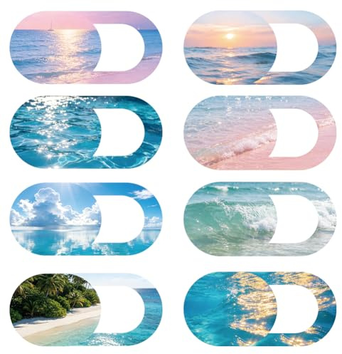 PRESSINART 8 pièces 8 Styles Cache Caméra Frontale Coulissante pour Téléphone Seascape 0.03 Pouces Ultra Mince Cache Webcam pour Mini PC Ordinateur de Bureau Tablette Cahier Plastique Protège la Vie