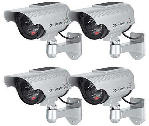 TOROTON Caméras factices avec Panneau Solaire, Fausse de Sécurité Caméra CCTV avec LED Lumière pour Usage Intérieur Extérieur (4 Pack, Argent)