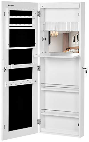 SONGMICS Jewellery Cabinet, Frameless Extra Wide Mirrored Storage Stand, Jewellery organiser with Hooks and Built-in Mirror, Makeup, Lockable, JBC63WV1, White