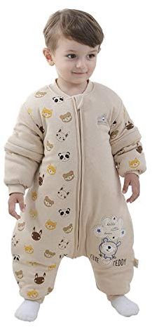 Saco de dormir para bebé con perneras y forro cálido de invierno, mangas desmontables, pijama unisex para niñas y niños, oso, de 2 a 4 años (altura de bebé de 95 a 105 cm)