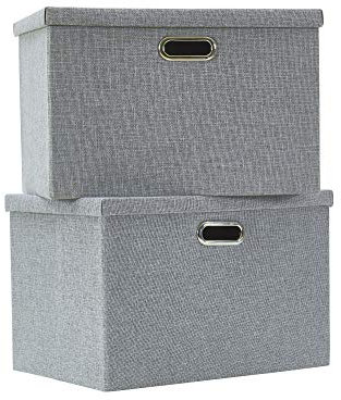 AlphaHome Extra Large Storage Box with Lid, Collapsible Linen Fabric Storage Baskets with Galvanized Metal Handles, Set of 2 (Glaucous Grey, 44x31x29cm)