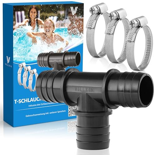 Villkin T-Schlauchverbinder inkl. 3x Schlauchschellen für den Pool - 32mm - T-Stück Schlauchtülle für Poolschläuche schwarz