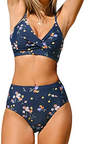 CUPSHE Women's Twist Front High Waisted Bikini Set V Neck Padded Two Pieces Bathing Suits SwimsuitsNavy Blue Floral S