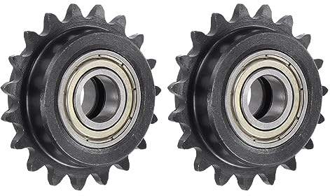 sourcing map Piñón tensor de cadena de rodillo #25, diámetro de 10 mm, paso de 1/4 pulgadas, tensor de piñón de 19 dientes, piñón de cadena de 25 rodillos de acero al carbono C45 con rodamiento para