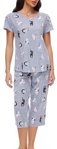 CHUNG Women Pyjama Set Short Sleeve Top Capri Pants Cotton Blend Loungewear Pjs Floral Animal Print S-3XL