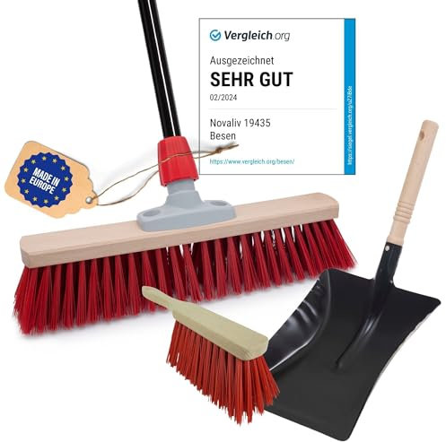 Novaliv Balai de rue avec manche, 40 cm, poils en élaston, avec balai galvanisé avec lèvre en caoutchouc composé d'une pelle et d'une balayette à main, idéal pour jardin, terrasse, cour, écurie
