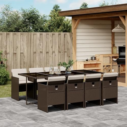 Homgoday Juego de 9 muebles de jardín con cojines y sillas de jardín con mesa, muebles de balcón, grupo de comedor para 8 personas, para jardín, terraza, balcón, marrón, poliratán