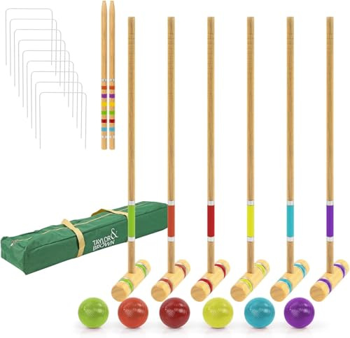 Greenfields Six Player Croquet Set with Deluxe Premium Pine Wooden Colour Mallets | Coloured Balls, Wickets, Stakes | Lawn Backyard Family Game Set, Includes Carry Bag