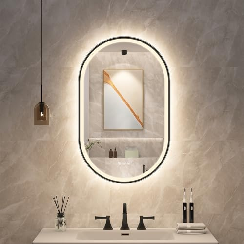 STARLEAD Negro Espejo-Baño-Ovalado-con-Luz y Bluetooth 80x50cm, Espejo-Baño-LED con Antivaho, Regulable, 3 Colores Luz, Memoria, IP44, Vidrio Templado, Horizontal/Vertical, Marco No Metálico