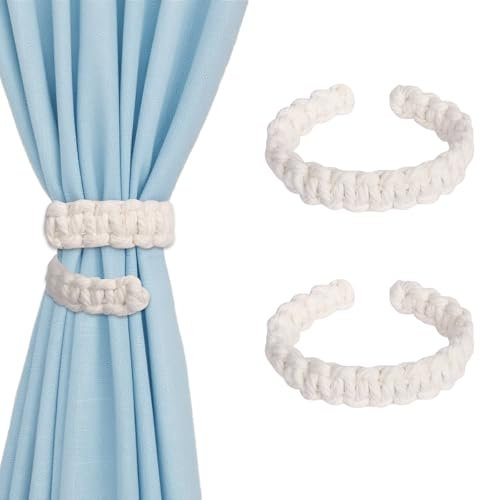 Lollanda 2Pcs Rustic Curtain Tiebacks, Cotton Rope Curtain Tiebacks, Braided Tie Backs for Curtain, Rope Curtain Buckle Holder for Home Hotel Office Boho Curtain Tieback (Cotton-White, 2)