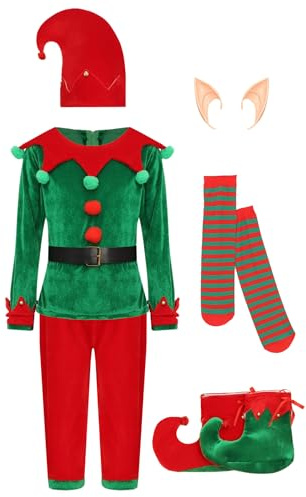 HULIJA Costume da elfo di Natale per bambino Maglia di velluto a maniche lunghe con pantaloni di Natale Cappello Orecchie da elfo Calze Scarpe Cintura Set di 7 Verde 7-8 anni