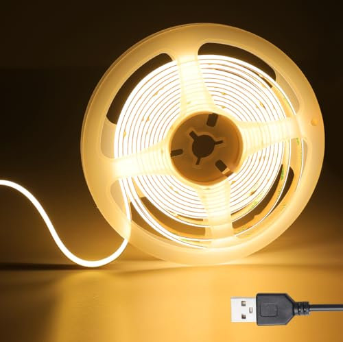SIRYYUI COB USB LED Light Strip,5V Led Strip 480LEDs/1.5M, 2700K Warm White USB Led Light, CRI90+,8MM Width Led Strip Lights for TV Backlight,Mirror backlighting,Home DIY Lighting