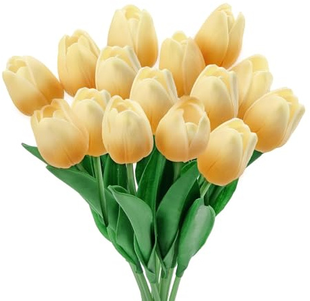 GIUSOBG Tulipani Artificiali 15 Pcs Fiori Artificiali Finti 34cm Tulipani in lattice Fiori Finti di Realistici Bouquet di Fiori finti per Casa per Matrimoni,Giardino (Champagne)