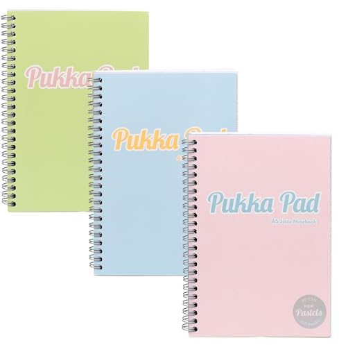 Pukka Pad Pastel A5 Jotta Notebooks – Pack of 3 Wirebound Notepads with 200 Pages, 100 Sheets of 80GSM 8mm Feint Ruled Paper and Perforated 4-Hole Punched Margins – Pink, Blue, & Green, 29.7 x 22.4 cm
