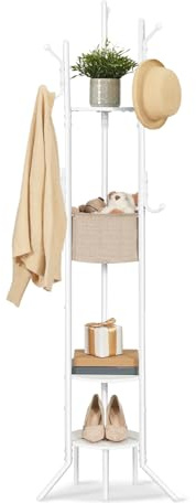 HOOBRO Perchero con Espacio de Almacenamiento, Perchero de Pie con Bolsa de Tela, 6 Patas, 9 Ganchos, para ropa, Bolsos, Sombreros, Entrada, Pasillo, Dormitorio, Blanco EWW45YM01