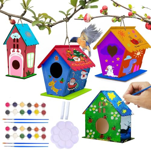 Kits de nichoir pour les enfants, kit d'oiseaux, 4pcs Bird Houses en bois pour peindre et construire, bricolage Kits Birdhouse avec pour les enfants