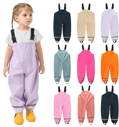 Kids Waterproof Dungarees UK Clearance Childrens Rain Trousers with Adjustable Shoulder Straps Boys Girls Rain Pants Reflective Strip Overalls Solid Color Rainwear for Outdoor Play, 2-7 Years