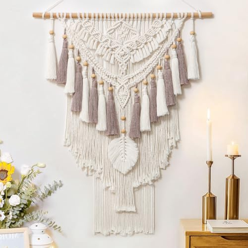 Dremisland Boho makramé vägghängande beige lila geometrisk vävd gobeläng bomull tofsar tapestry böhmisk väggdekoration väggkonst gobeläng för sovrum vardagsrum 70 x 95 cm