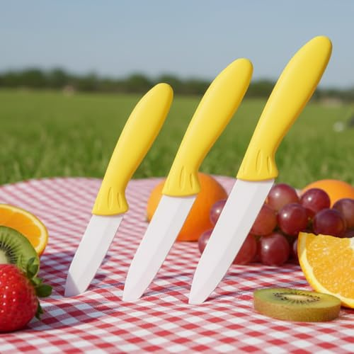 shoplease Set di coltelli professionali in ceramica, manico giallo, lama bianca, 3 pezzi, coltelli da cucina, lame da 7,6 cm, 10,2 cm, 12,7 cm