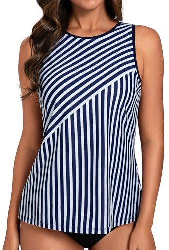 Hanna Nikole Top Tankini da Donna, Top Costume da Bagno Blouson Solo Top, Top Canottiera Sportiva Modesta Senza Slip, Top da Nuoto a Collo Alto con Controllo Pancia Solo Top, Strisce blu e bianche., S