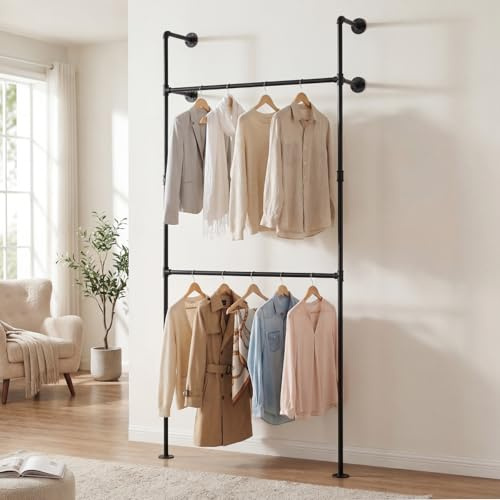 COSTWAY Heavy Duty Clothes Rail, Wall-Mounted Clothes Rack Open Wardrobe Organiser with Hanging Rails, Industrial Metal Garment Coat Hanger Walk-in Closet System for Bedroom (Black, 2 Poles 2 Bars)