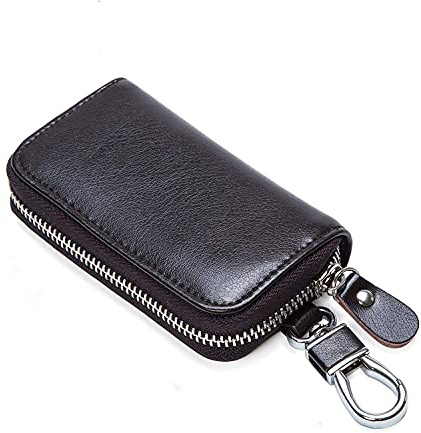 Briskyto Multi-Functional Zipper Key Case Holder with 6 Hooks - Fashionable Leather Car Key Card Wallet for Men and Women
