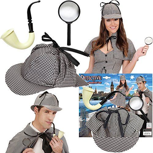 3-teilige Detektiv-Verkleidung * Hut + Pfeife + Lupe * für (Kinder-) Geburtstag, Karneval oder Sherlock-Holmes-Mottoparty // Kinder Geburtstag Party Motto