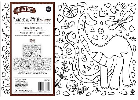 12 Platzsets Kinder zum Ausmalen, Papier-Tischset für Kinder: Motiv Dino, Ausmalbilder Dinosaurier, Kinder-Platzsets zum Ausmalen, Mal Mich Bunt