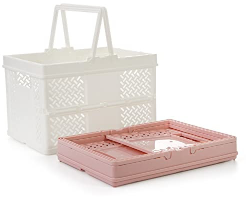 Spesh 2 Pcs Collapsible Storage Crates 24cm*18cm Mini Foldable Kid Shopping Baskets with Handles Small Plastic Crates for Picnic,Shopping,Camping(White+Pink)