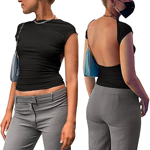 FFWTPY Maglia Schiena Scoperta Donna Maglietta a Maniche Corta Elegante Sexy Camicia Slim Fit Camicetta T-Shirt Corta Crop Top Blusa Casual Tinta Unita Clubwear Streetsear