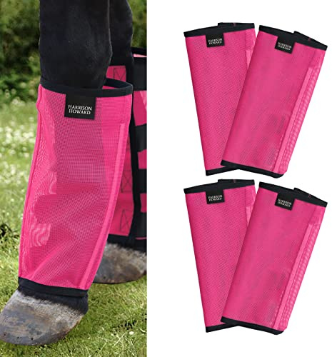 Harrison Howard Loose Fitting Fly Boots UV-Protective Extra Tough Mesh Ventilated Four Fasteners Stay-on Design Protect Horse Legs & Stomp-Reducing Set of 4 Magenta Large