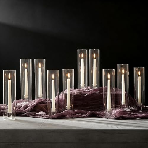 NUPTIO Huracán Candelabro 10 Piezas de Vidrio Candelabros Vela Stick Stands Pack, Claro Huracán de Cristal para Velas Cónicas Moderno para La Boda de Navidad Cena Chimenea