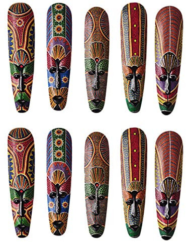 Beifenl 2 máscaras de madera para colgar en la pared, talladas en madera maciza, pintadas, decoración de bar, decoración del hogar, máscara africana A