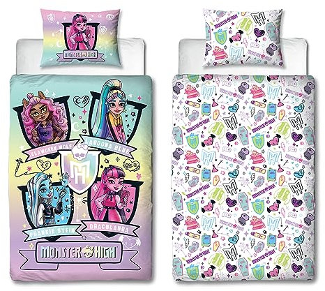 Character World Monster High Bettwäsche-Set für Einzelbett, offizielles Lizenzprodukt, wendbar, zweiseitig, inklusive passendem Kissenbezug, perfekt für Kinderzimmer, Polycotton