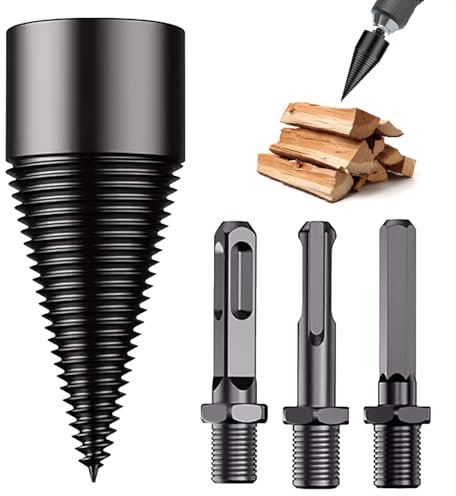 SUNYOK Taladro Divisor de Leña Madera Broca divisora de madera 32mm con 3 asas Divisor de Troncos Cónica para Cortar Partir troncos de madera Kit de Astilladora de Troncos (redonda/cuadrada/hexagonal)