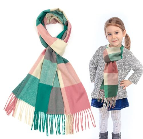 SwirlColor Schal Mädchen, Weiche Kunstkaschmir Plaid Schals Wraps Schal Winter Lange Schal für Mädchen Kinder Nackenwärmer-Rosa Grün