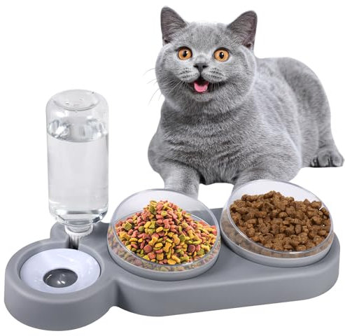 JAMATA 3-in-1 Katzennapf-Set mit 15° Neigung,Doppel-Futternapf für Nass- & Trockenfutter + Automatische Wasserflasche,Gesundheitsfördernd & Einfach zu Reinigen - Ideal für Katzen & Kleine Hunde