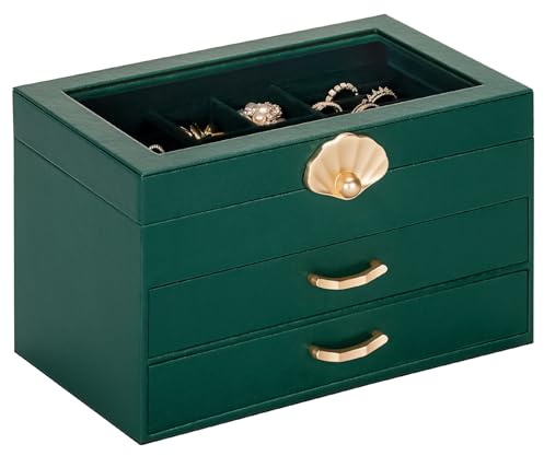 Enthralite Jewellery Box with 2 Drawers : Jewellery Display Organiser for Earrings Necklaces - Gift for Girls Women | Forest Green