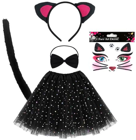 EUPSIIU Déguisement Chat Fille Halloween Animal Enfant Cosplay Set Avec Oreilles, Stickers Tatouage Visage, Queue, Tutu Jupe, Noeud Papillon pour Carnaval Noël Fête (Noir)