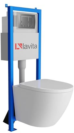 Lavita LAV 101 Vorwandelement für WC 40cm + Wand Hänge Tiefspül WC SOFI Weiß Spülrandlos + Bedienplatte LAV 200.1.3 Satin + WC Sitz mit Absenkautomatik Komplettset Unterputz Spülkasten WC