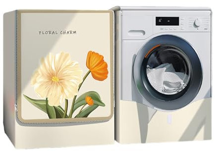 Odot Washer Dustproof Cover Front Load, Washing Machine Dryer Protector Waterproof Sunscreen Tumble Dryer Case Protective Cover for Most Front Loadi (beige flower,XXL (10-12kg))